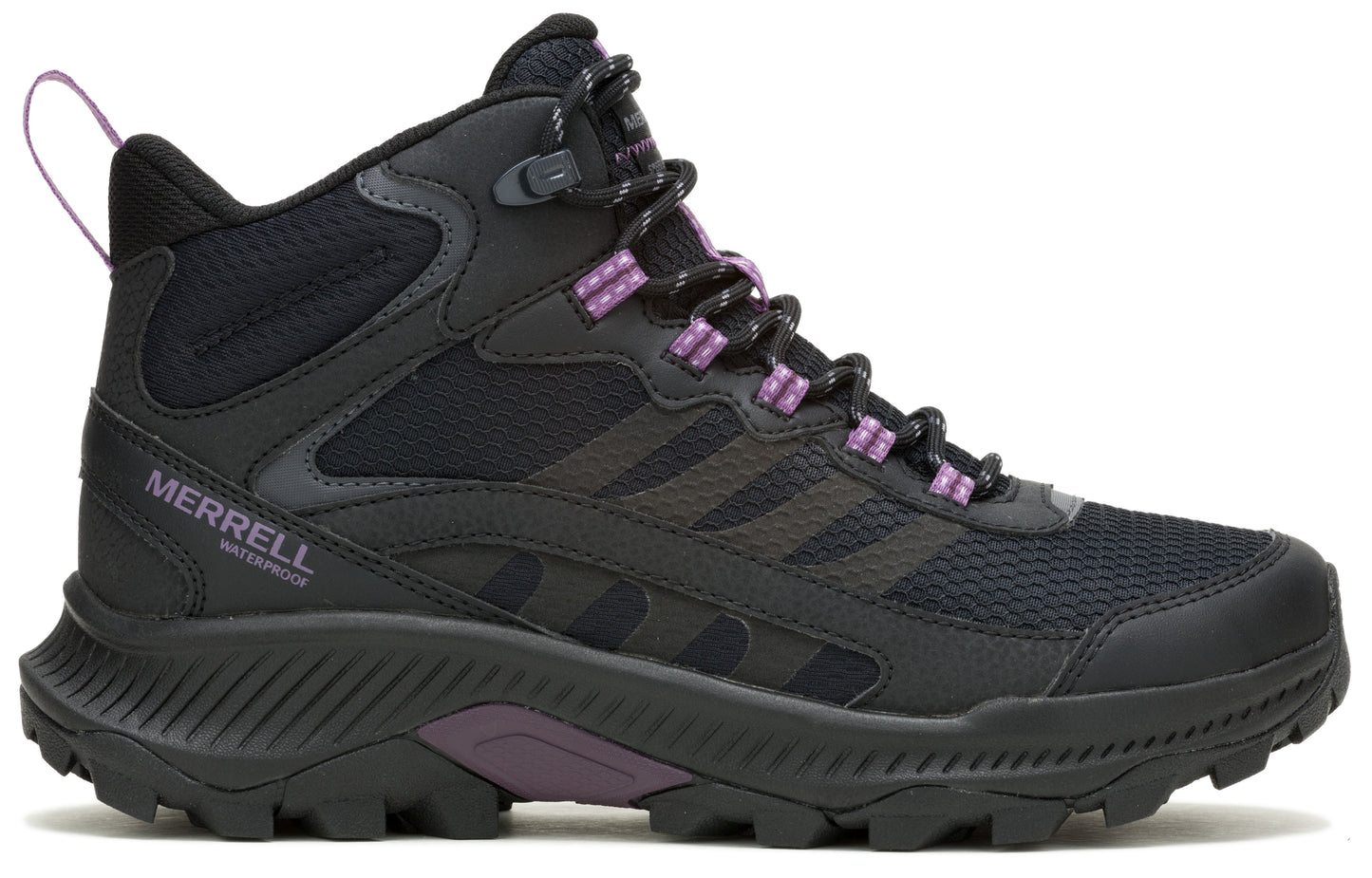 Black hiking boot with purple accents and "MERRELL WATERPROOF" printed on the side.