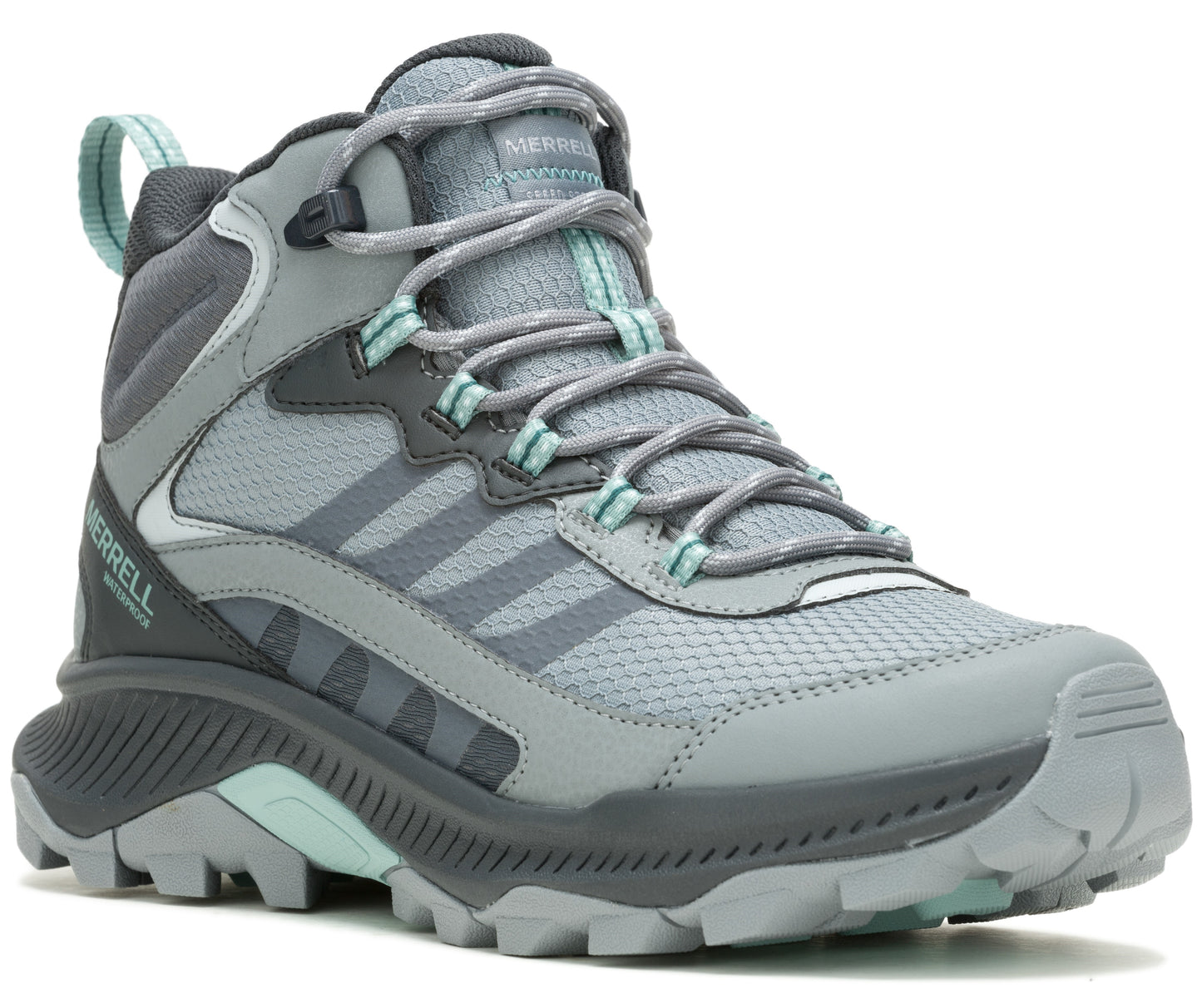 Grey mid-height hiking boot with grey laces, mesh and synthetic upper, and mint green accents.