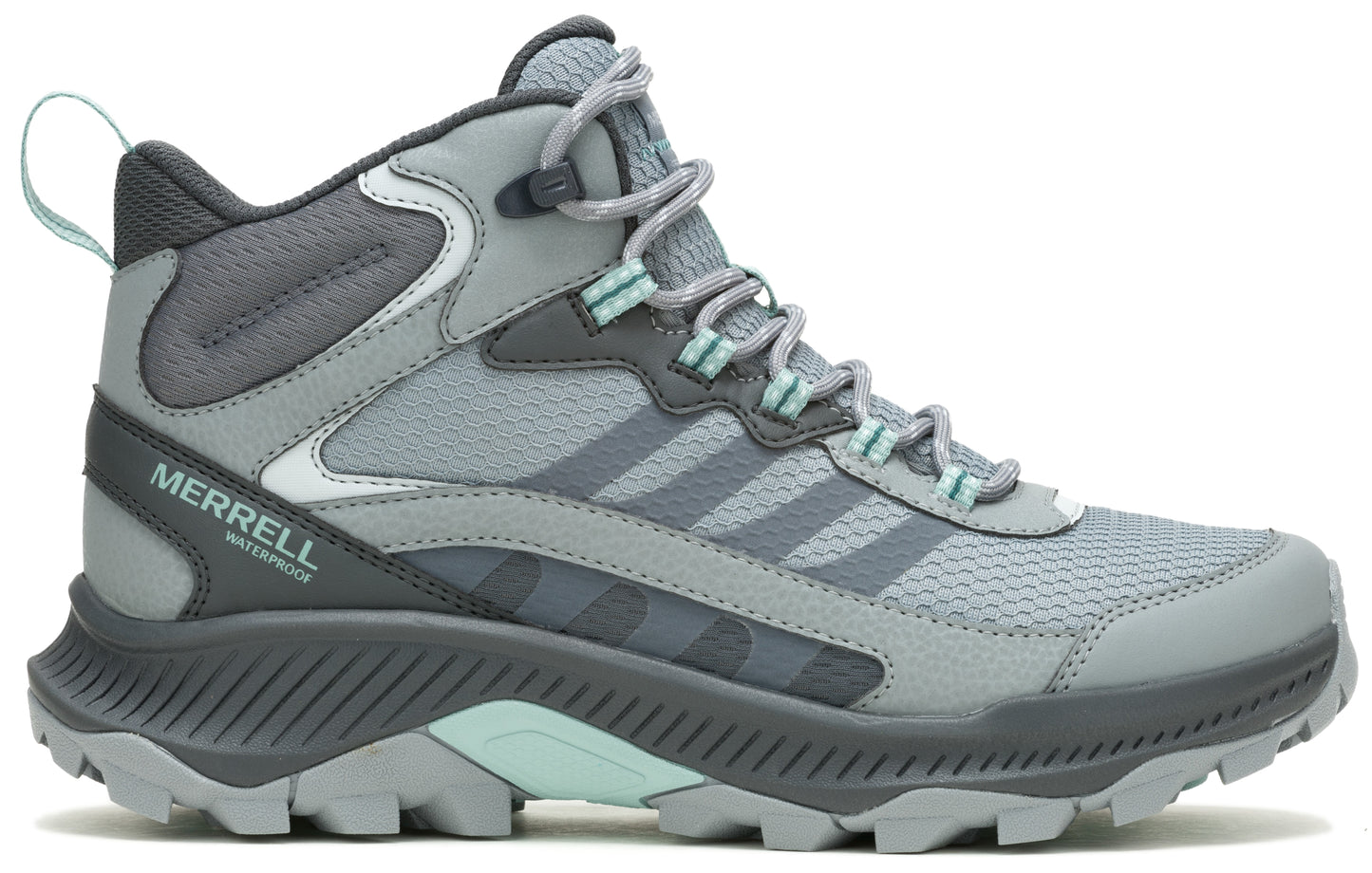 Gray hiking boot with aqua accents, showing the side view, laces and lug sole. "Merrell Waterproof" is printed on the side.
