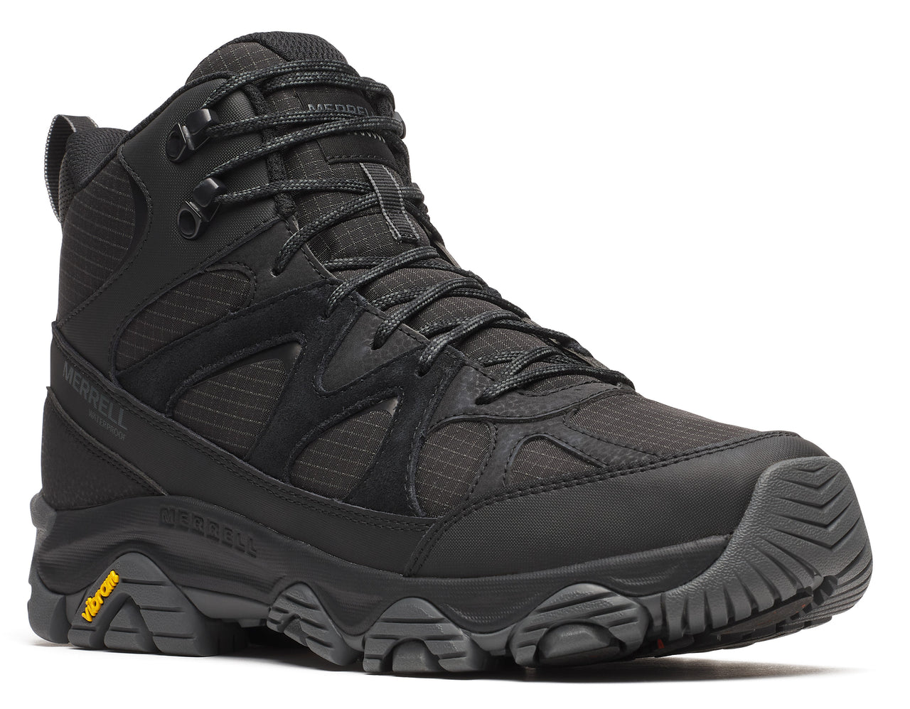 Black hiking boot with high ankle support, lace-up closure, and a thick, lugged sole.