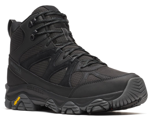 Black hiking boot with high ankle support, lace-up closure, and a thick, lugged sole.