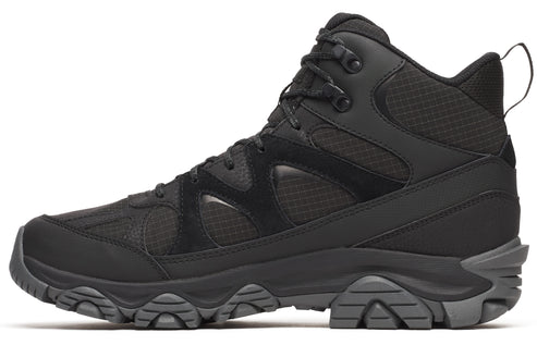Black hiking boot with thick lug sole, lace-up closure, and pull loop.