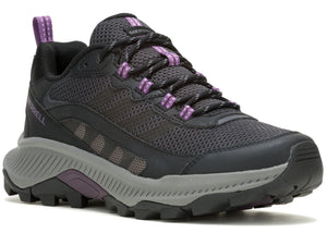 A dark gray athletic hiking shoe with purple accents and a thick gray sole.