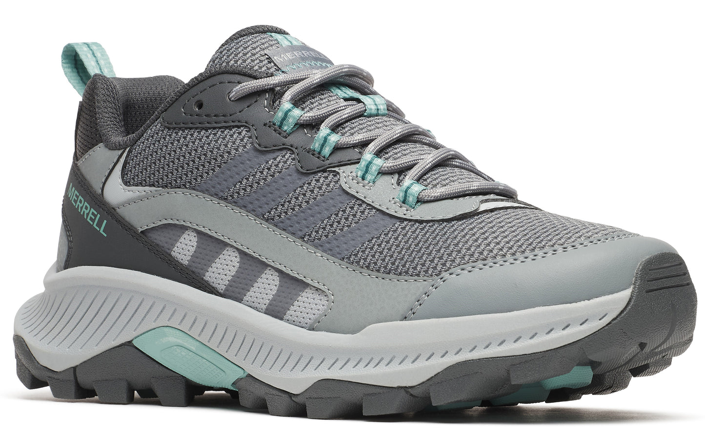 Gray and mint-green trail-running shoe with mesh upper.