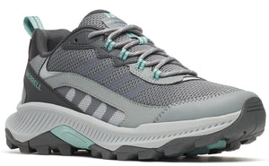 Gray and mint-green trail-running shoe with mesh upper.