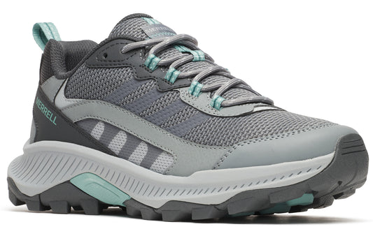 Gray and mint-green trail-running shoe with mesh upper.
