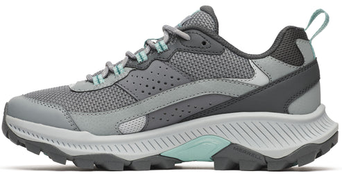 Gray sneaker with teal accents and a thick, jagged sole.