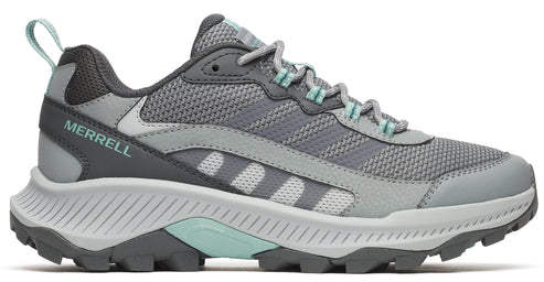 Gray athletic shoe with light blue accents and lug sole. "MERRELL" text near the heel.