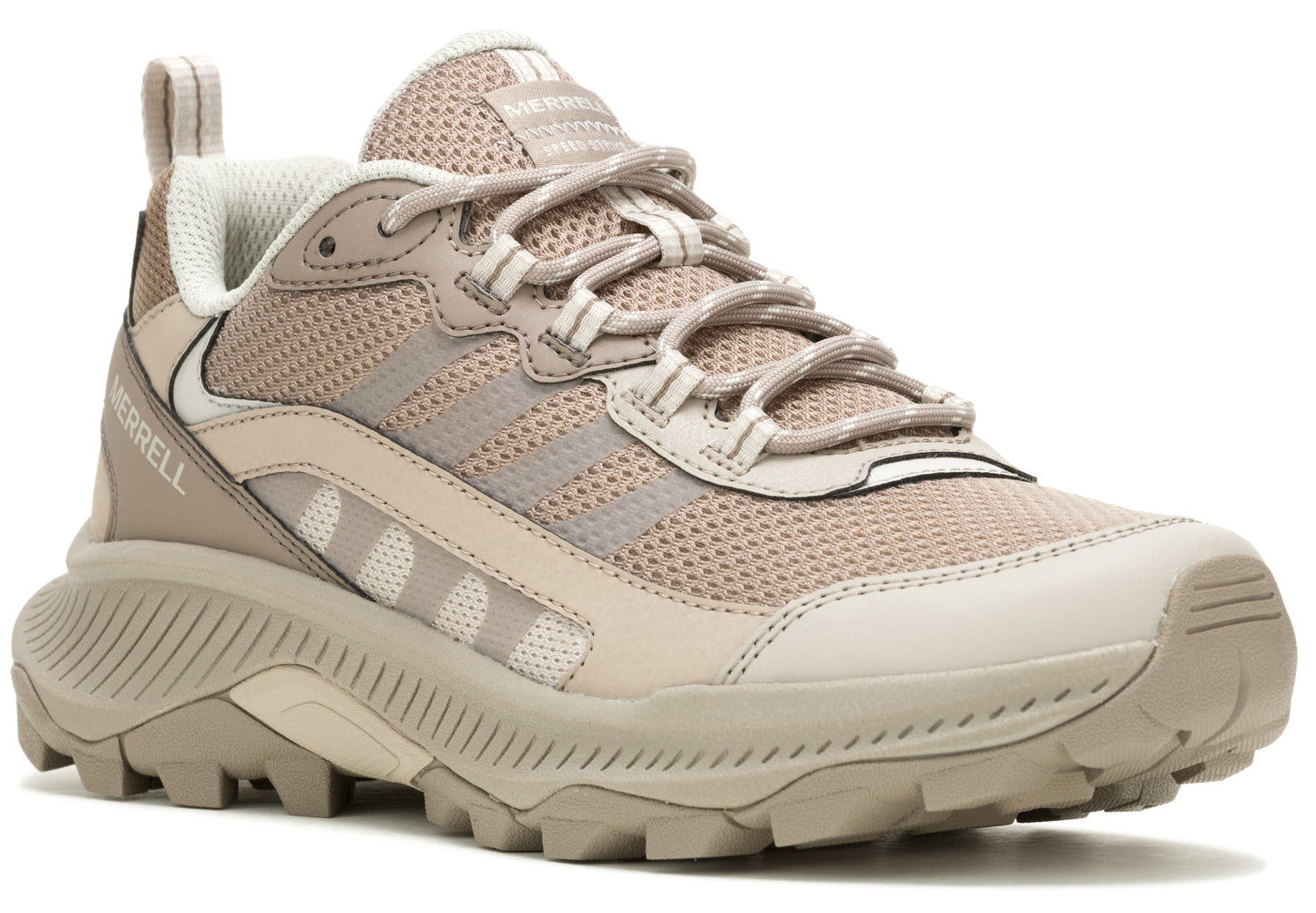 Tan hiking shoe with breathable mesh, supportive overlays, and a chunky lugged outsole.