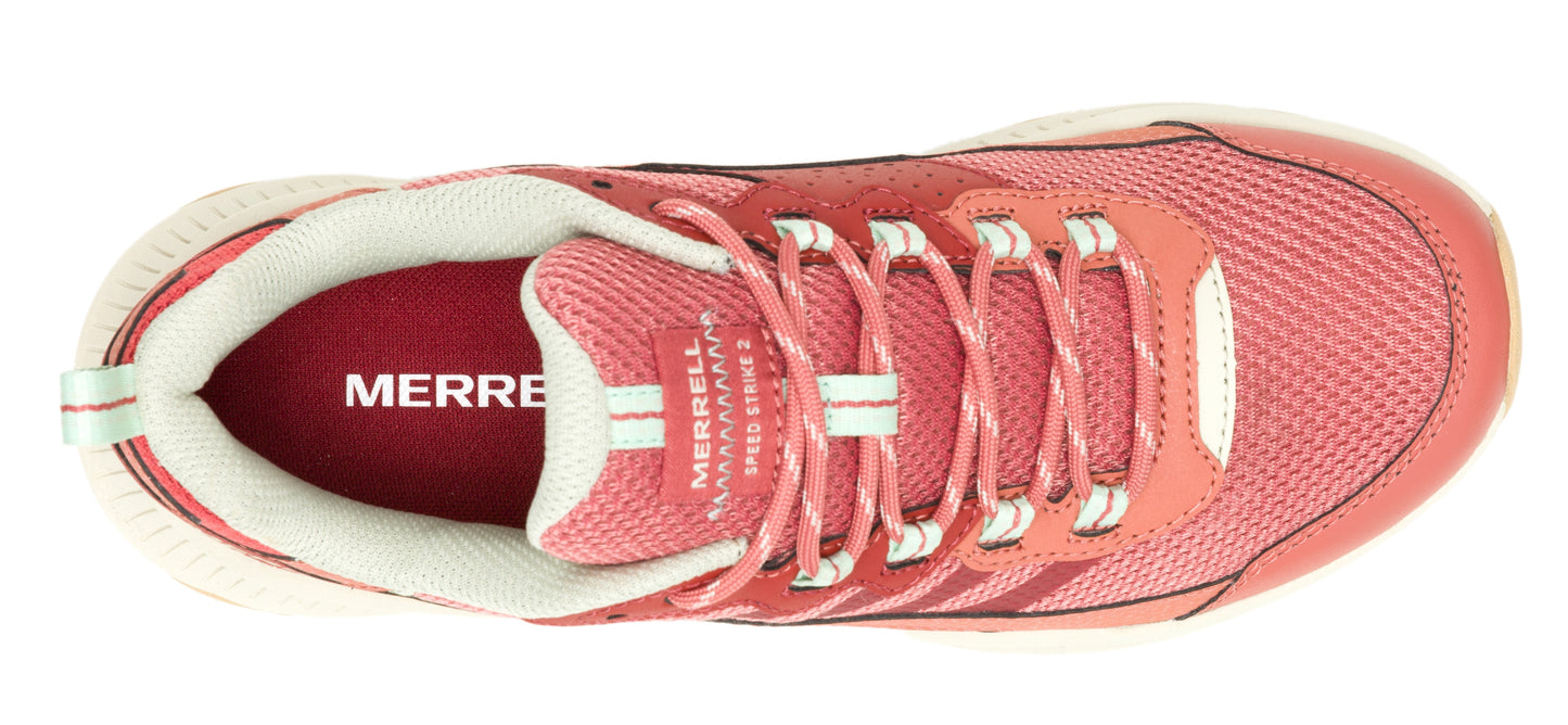 A pink trail running shoe viewed from above showing the opening, laces, and toe area.