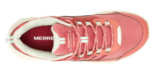A pink trail running shoe viewed from above showing the opening, laces, and toe area.