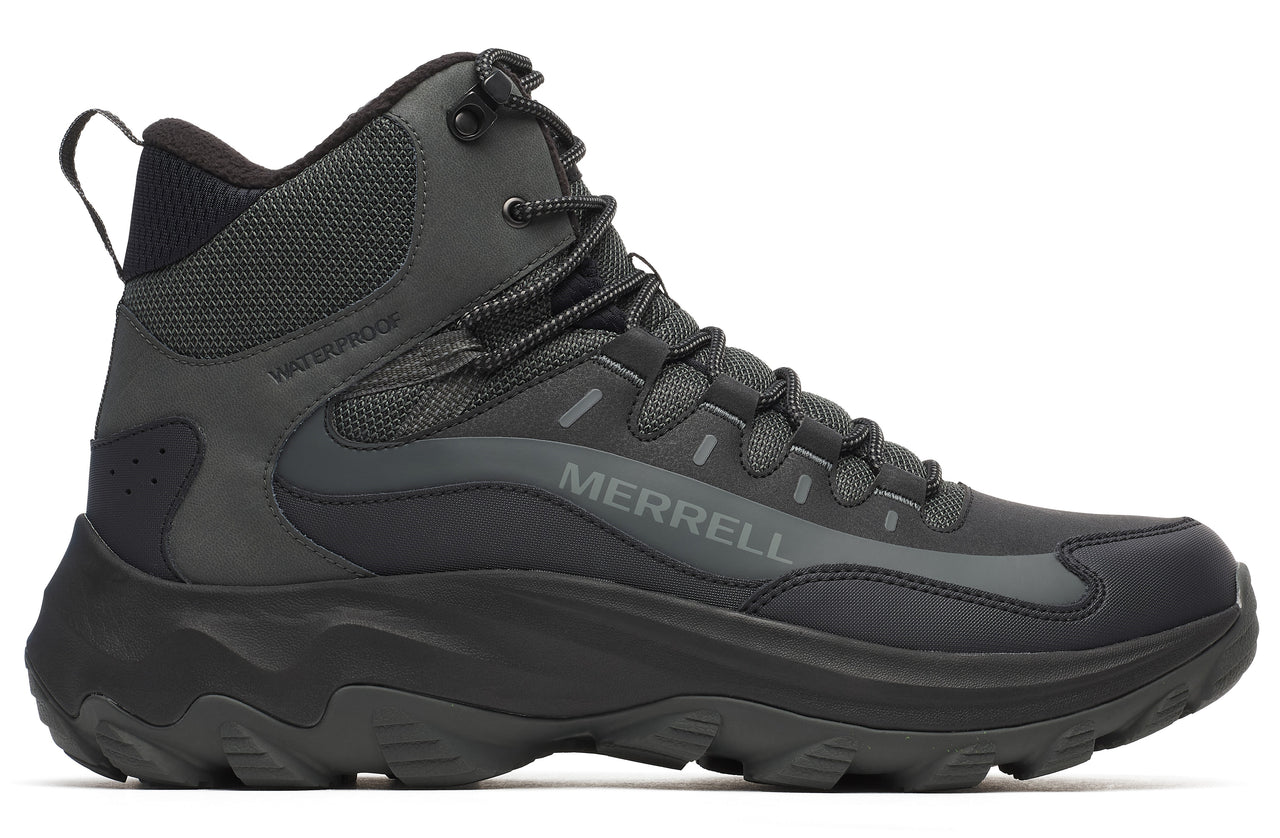 Black waterproof hiking boot with cushioned sole and 'MERRELL' on the side.