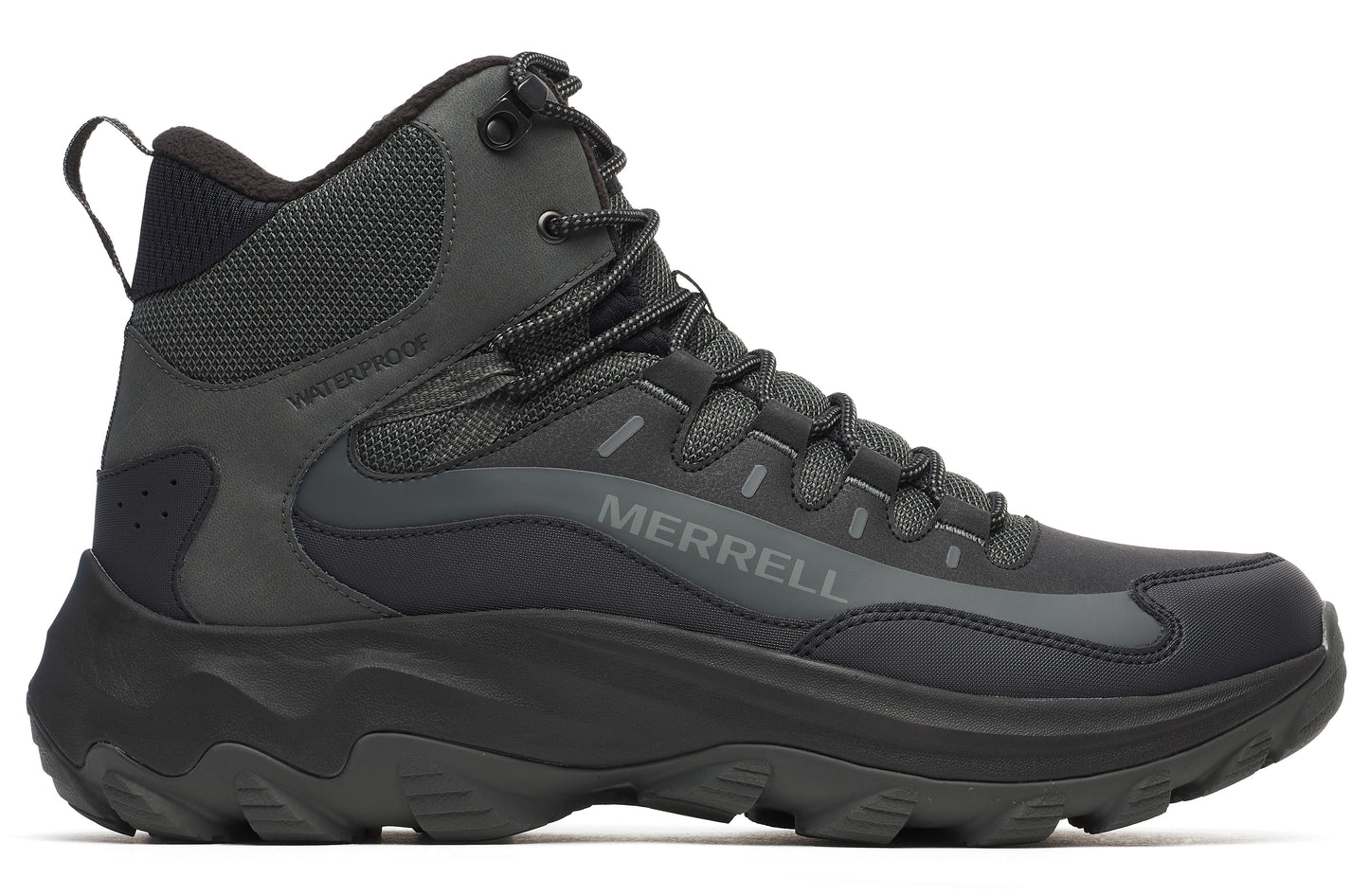 Black waterproof hiking boot with cushioned sole and 'MERRELL' on the side.