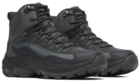 Pair of black high-top hiking boots with laces.