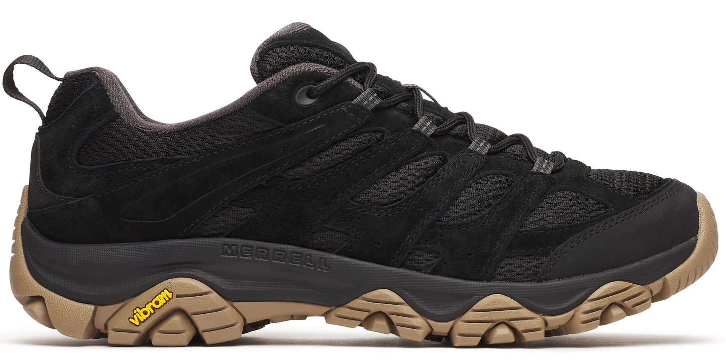 Black hiking shoe with a brown sole and black laces.