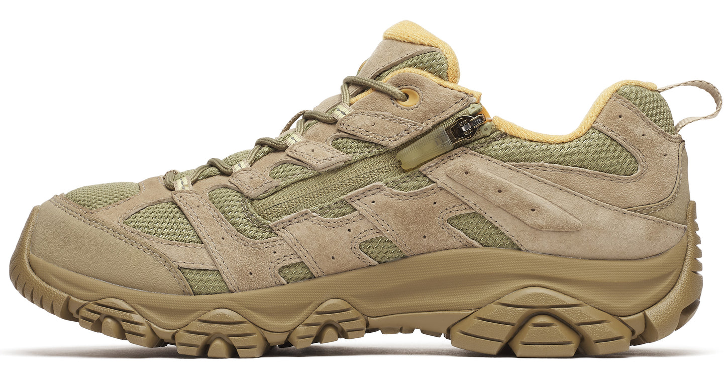 Side view of a khaki colored hiking shoe with a rubber sole, mesh and suede-like upper, and lace-up closure.