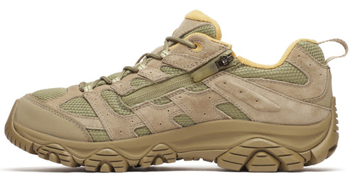 Side view of a khaki colored hiking shoe with a rubber sole, mesh and suede-like upper, and lace-up closure.