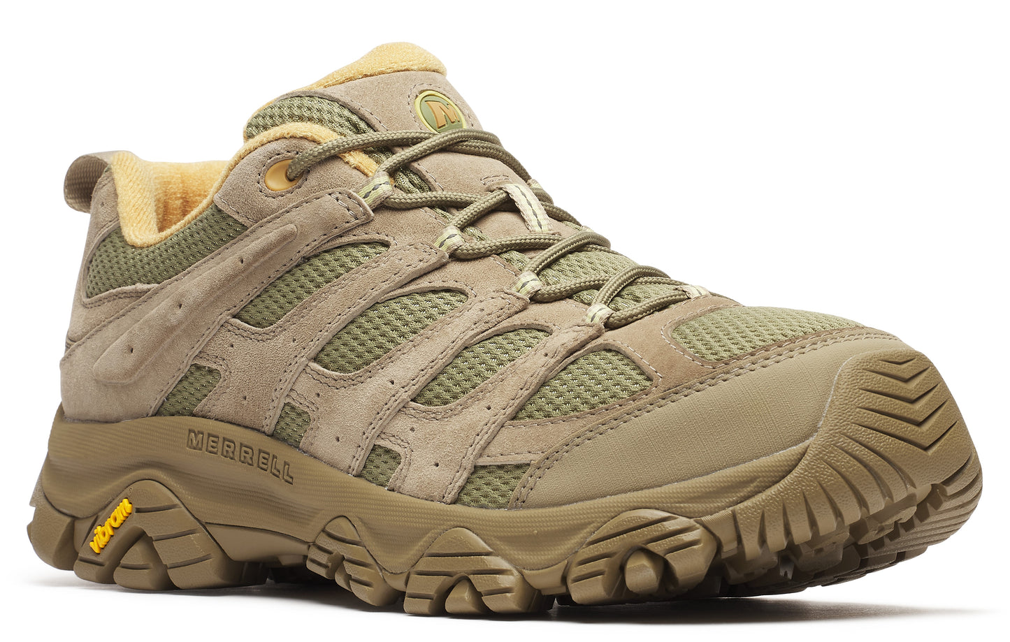 A tan-colored hiking shoe with tan laces and a thick lugged sole.