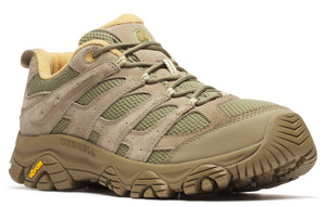 A tan-colored hiking shoe with tan laces and a thick lugged sole.