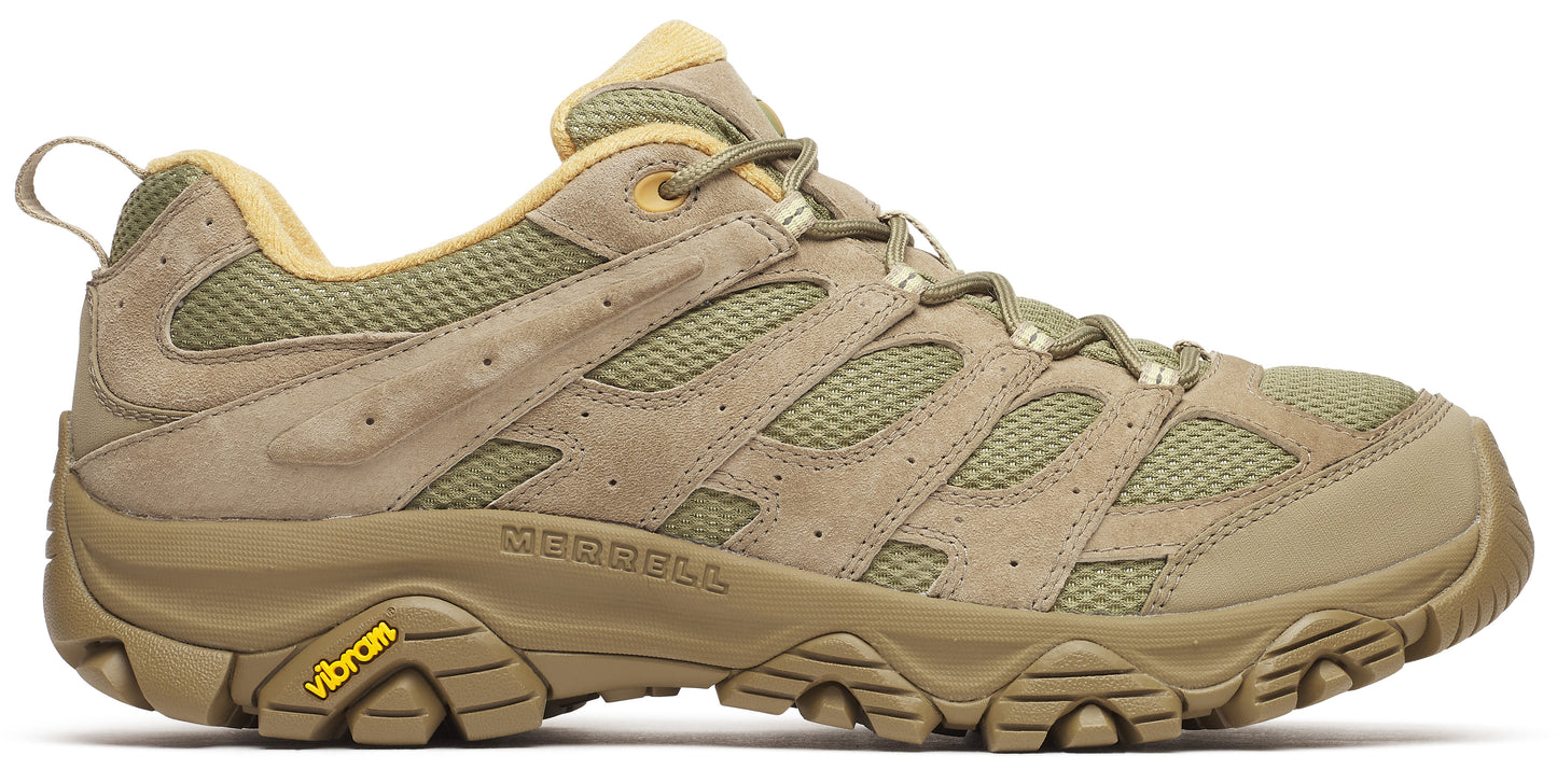 Tan hiking shoe with mesh and suede details, and a yellow Vibram logo on the sole.