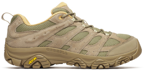 Tan hiking shoe with mesh and suede details, and a yellow Vibram logo on the sole.