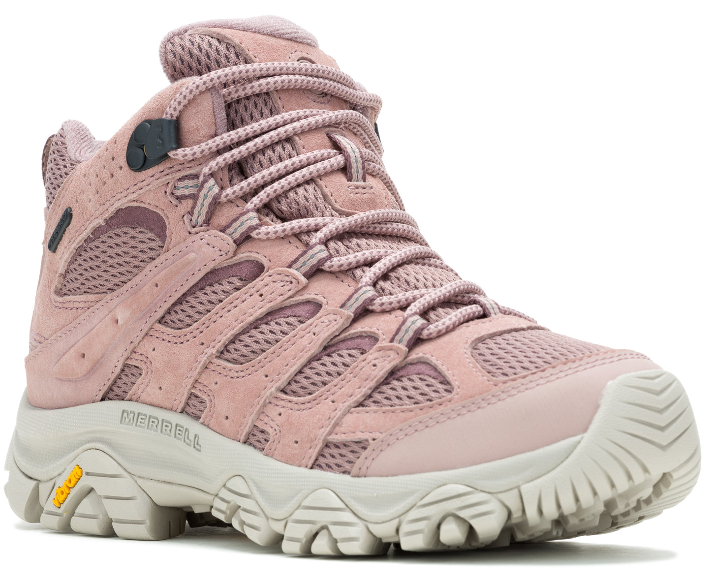 Pink mid-rise hiking boot with a mesh and suede upper, lace-up closure, and a rugged, light gray sole. "MERRELL" is visible near the heel.