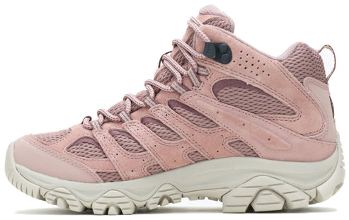 Pink mid-rise hiking boot with mesh panels, a lace-up closure, and a heavily lugged white sole.