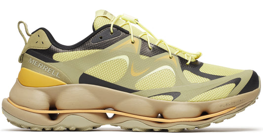 Running shoe in light green, brown, and black with a unique sole and Merrell brand name on the heel.