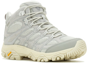 High-top hiking boot, light gray with white laces, and off-white Vibram sole.