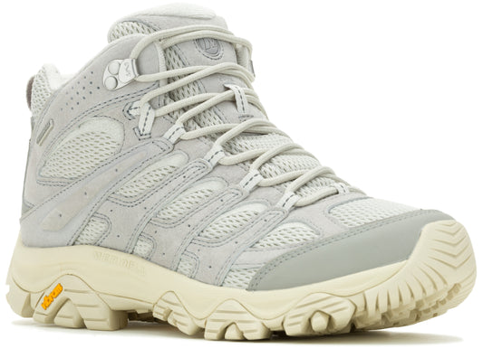 High-top hiking boot, light gray with white laces, and off-white Vibram sole.