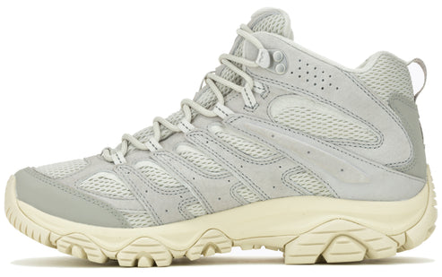 High-top hiking shoe with a light gray mesh upper, light gray leather accents, light gray laces, and a cream-colored rubber sole.