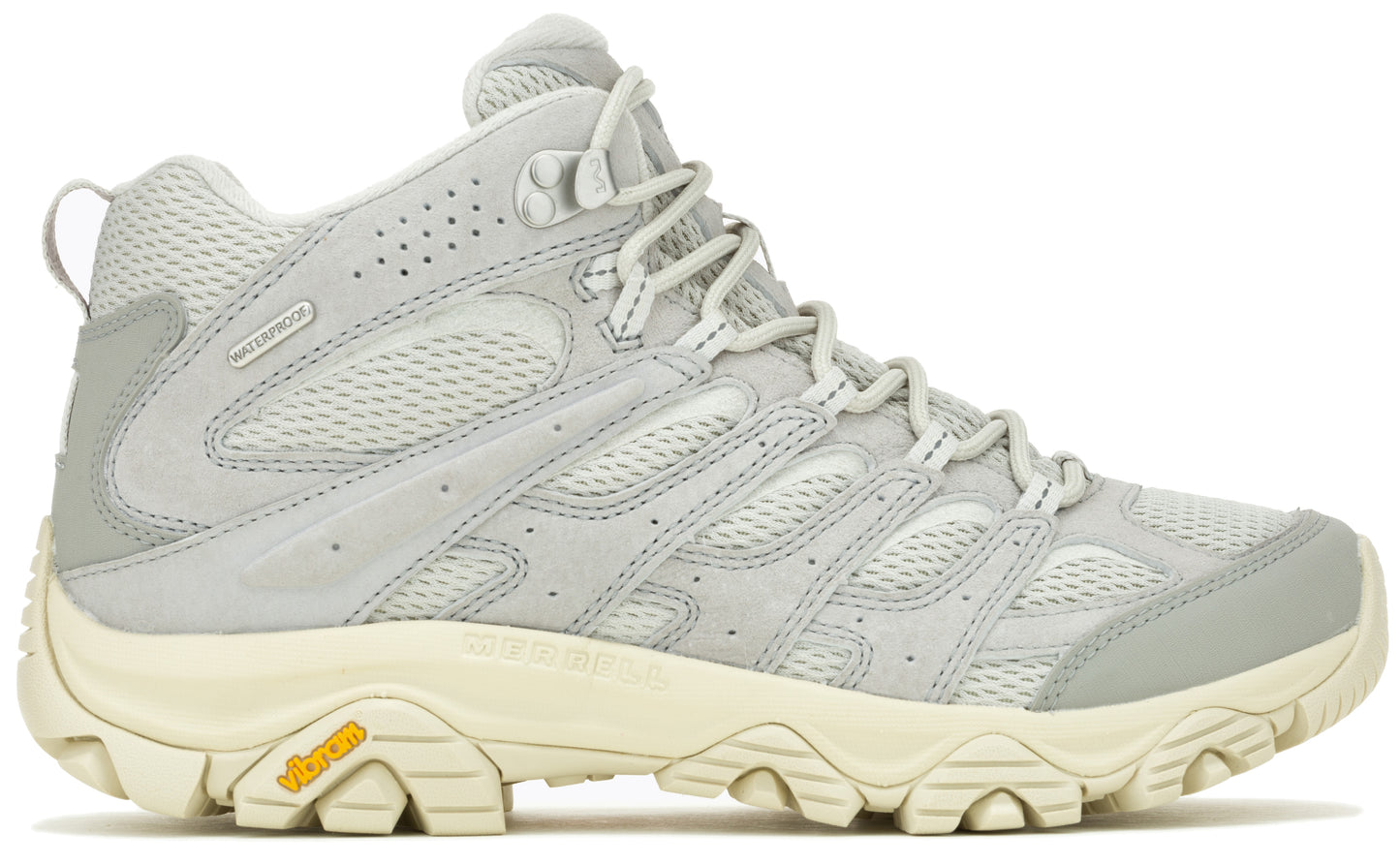 Light gray mid-top hiking shoe with a cream-colored sole.