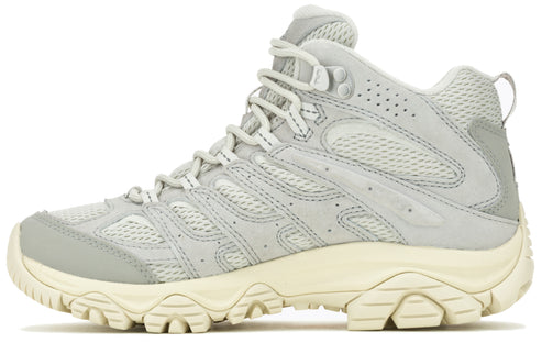 Light gray hiking boot, mid-top, lace-up, mesh and leather upper, beige treaded sole.