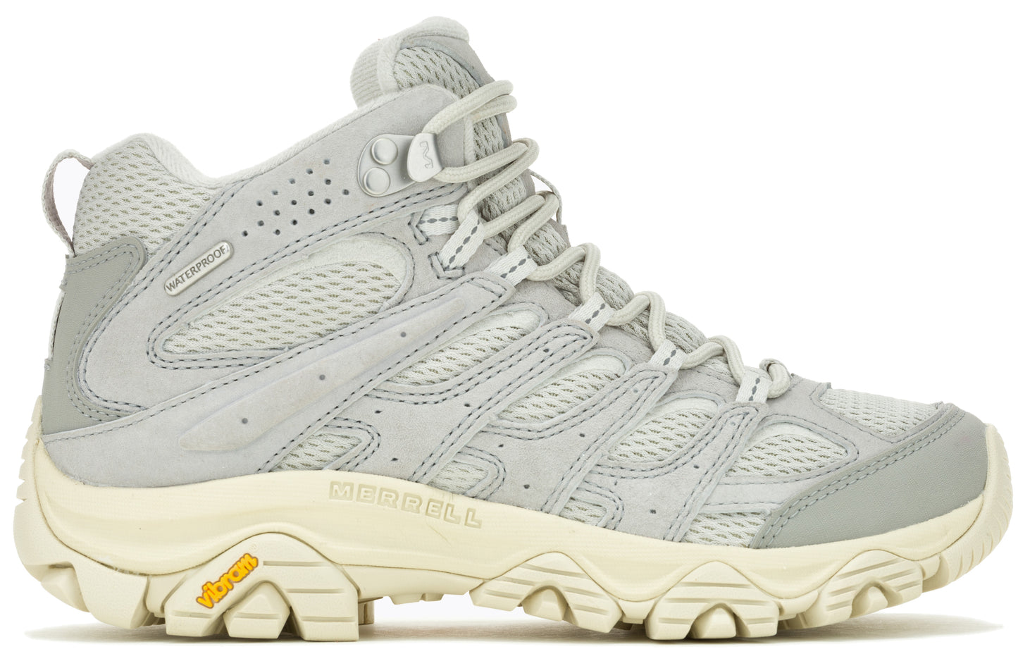 Light gray hiking boot with mesh and suede-like overlays and cream sole with yellow logo.