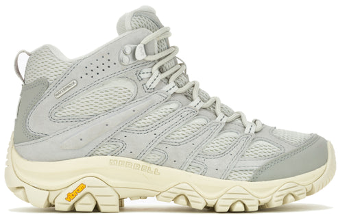 Light gray hiking boot with mesh and suede-like overlays and cream sole with yellow logo.