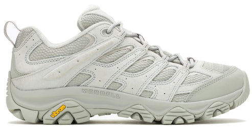 Light gray hiking shoe with mesh and leather upper, Vibram sole, and lace-up closure.