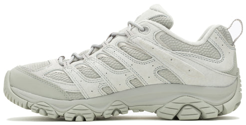 Low-cut light gray hiking shoe with patterned sole and rear pull tab.
