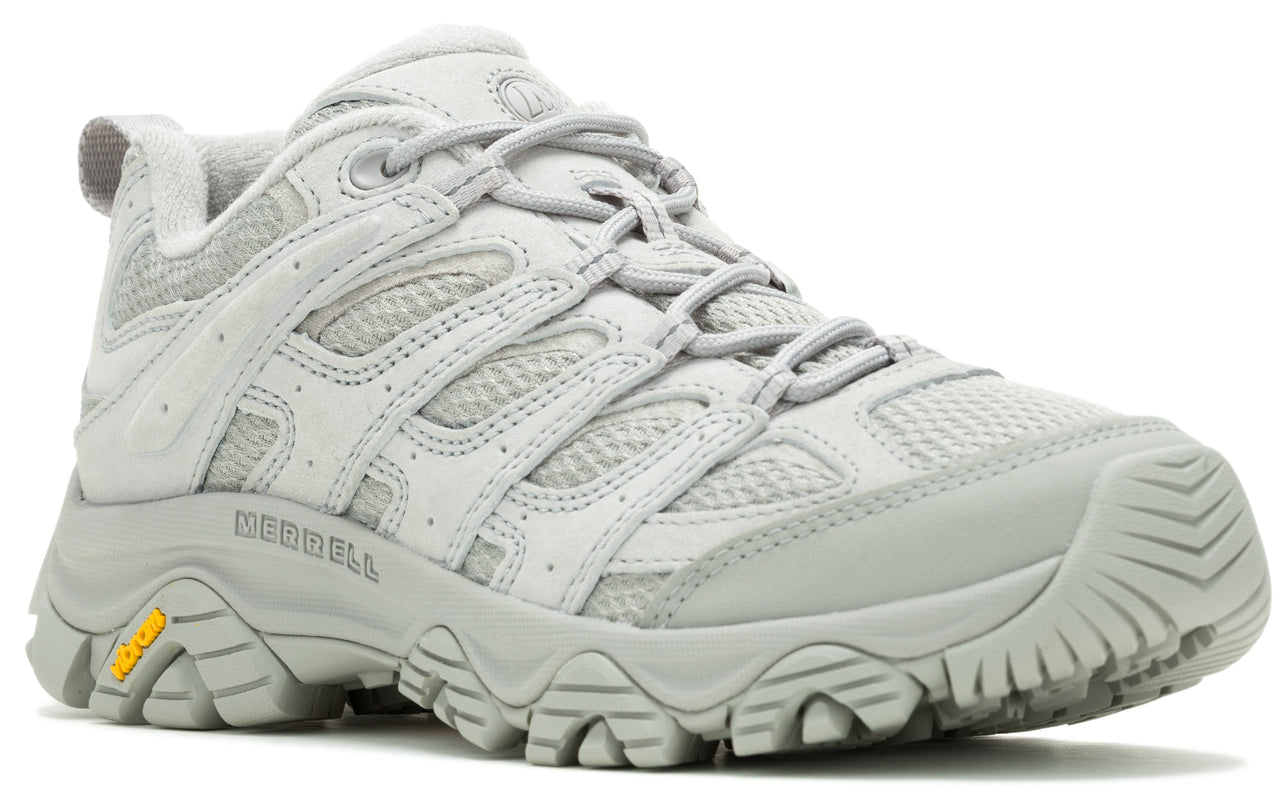 Gray hiking shoe with laces and a vibram sole, marked "Merrell".