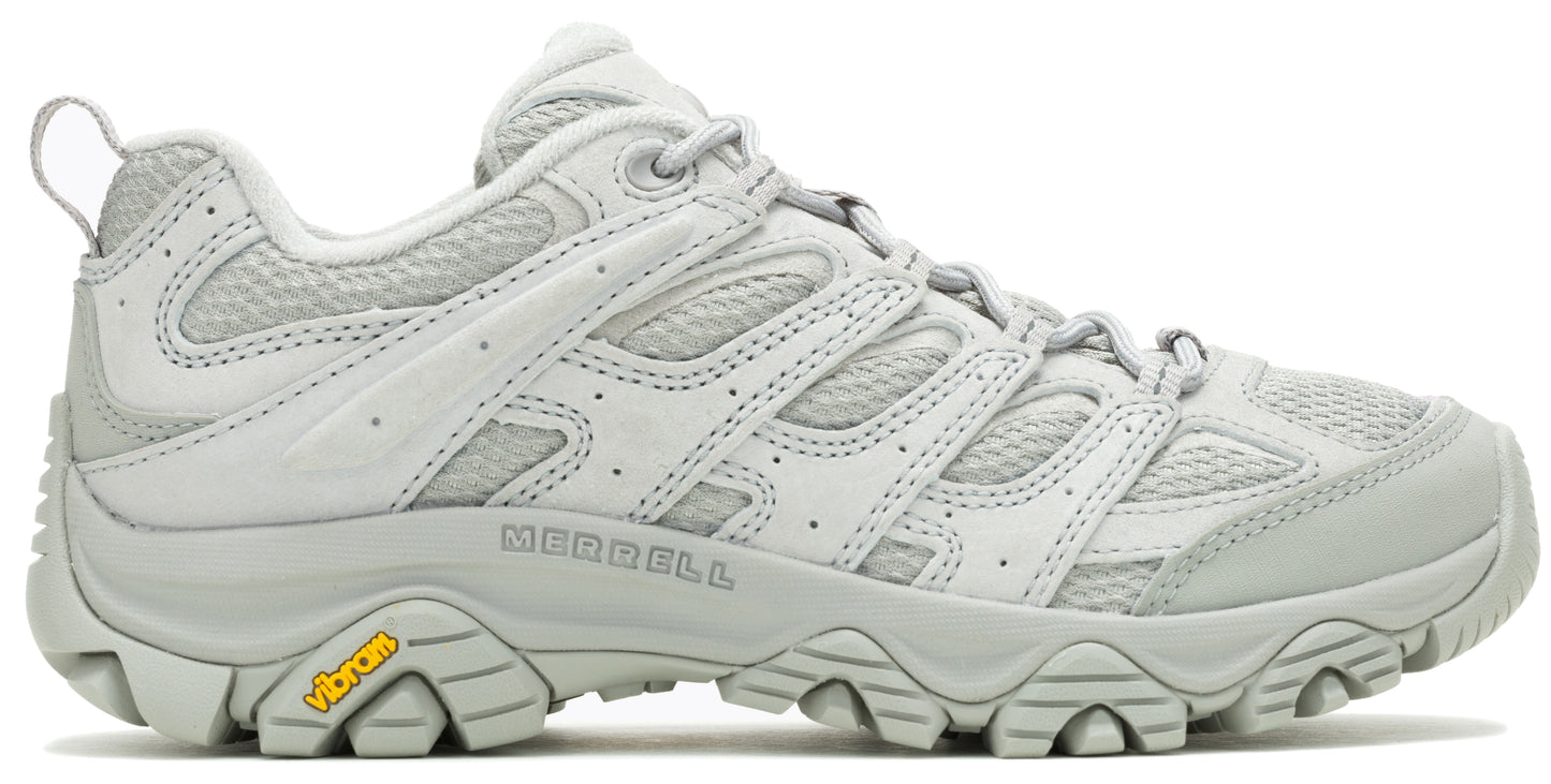 Side view of a light gray women's hiking shoe with mesh and synthetic leather uppers and a Vibram sole.