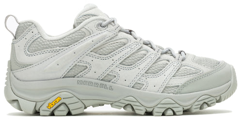 Side view of a light gray women's hiking shoe with mesh and synthetic leather uppers and a Vibram sole.