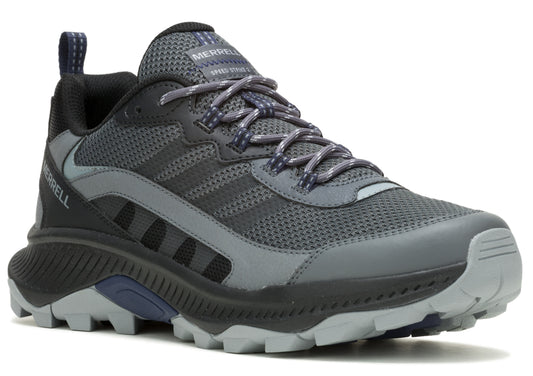 Gray athletic shoe with gray laces, gray soles and black accents.