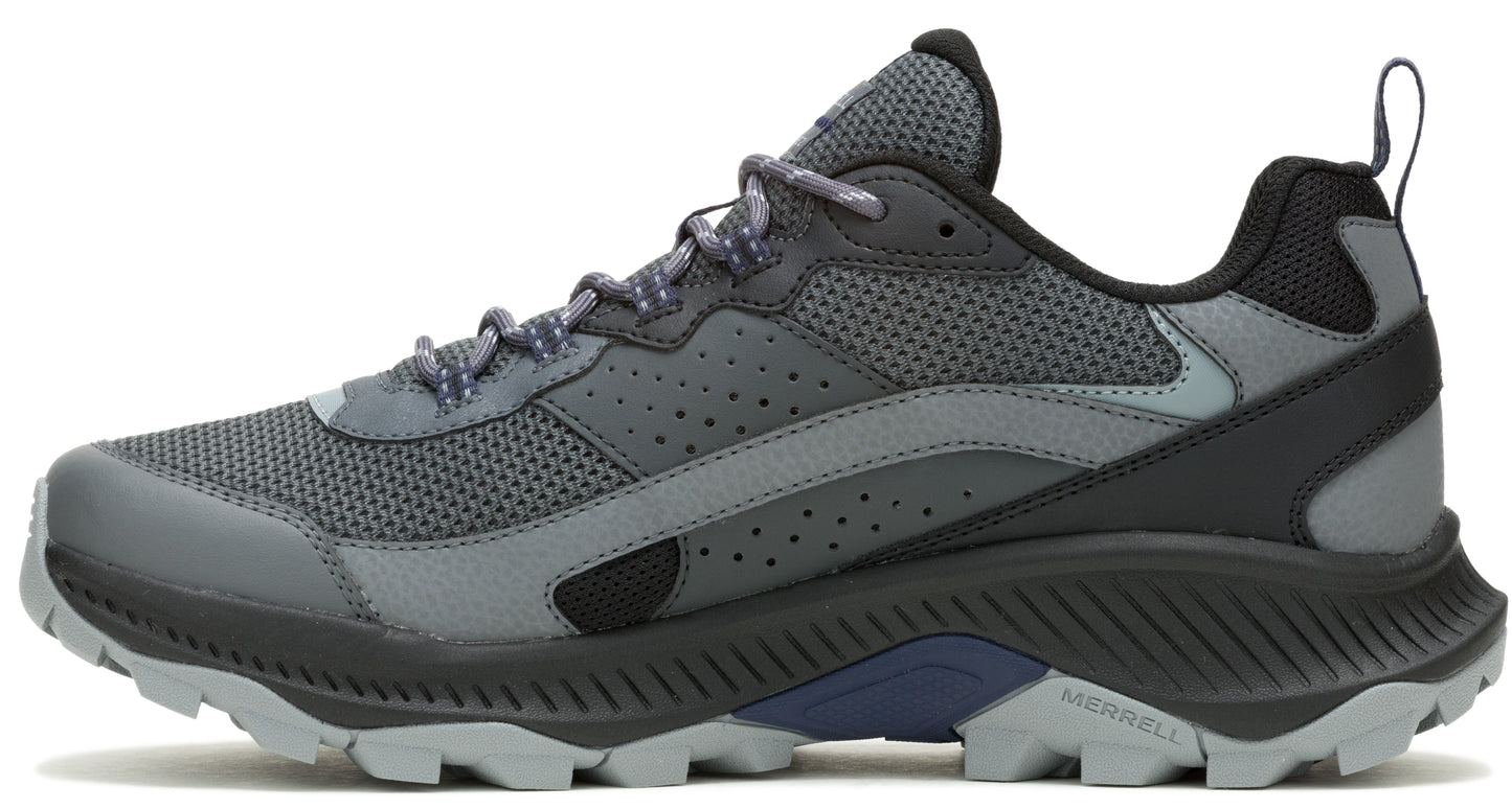 Gray running shoe, low-top, mesh and synthetic upper, lace-up closure, lugged outsole.