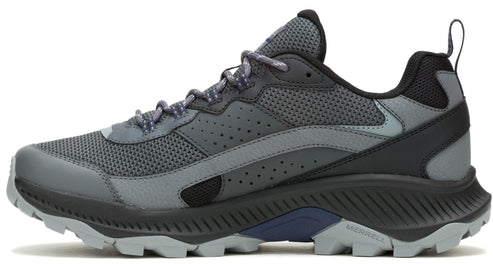 Gray running shoe, low-top, mesh and synthetic upper, lace-up closure, lugged outsole.