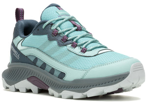 Aqua hiking shoe with gray sole and purple accents.
