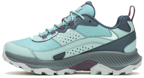 Light blue trail running shoe with purple accents and a white lug sole.