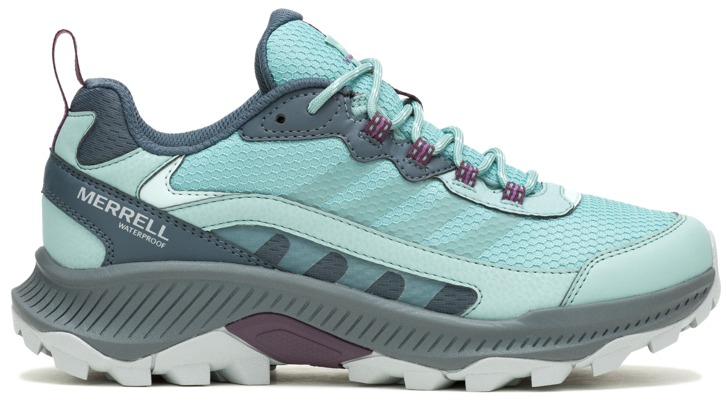 Aqua trail running shoe with gray accents and the word MERRELL printed on the side.