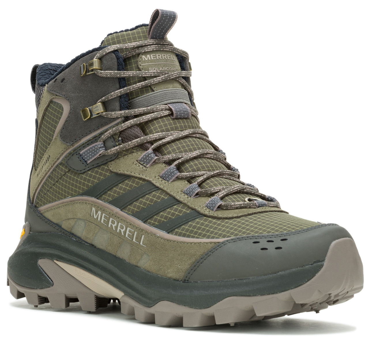 A green and gray hiking boot with laces and a lug sole, the word "MERRELL" is visible on the side.