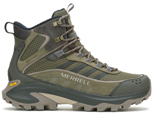 Olive green hiking boot featuring a high top, grey laces and grey soles. The word "MERRELL" is printed in dark green on the side.