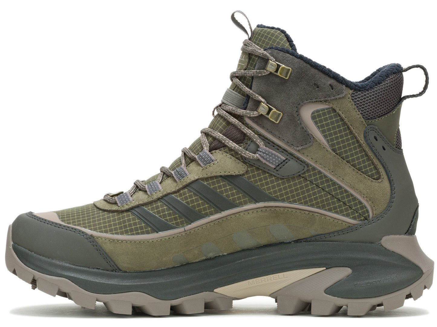 Olive green hiking boot with tan laces and dark gray trim.