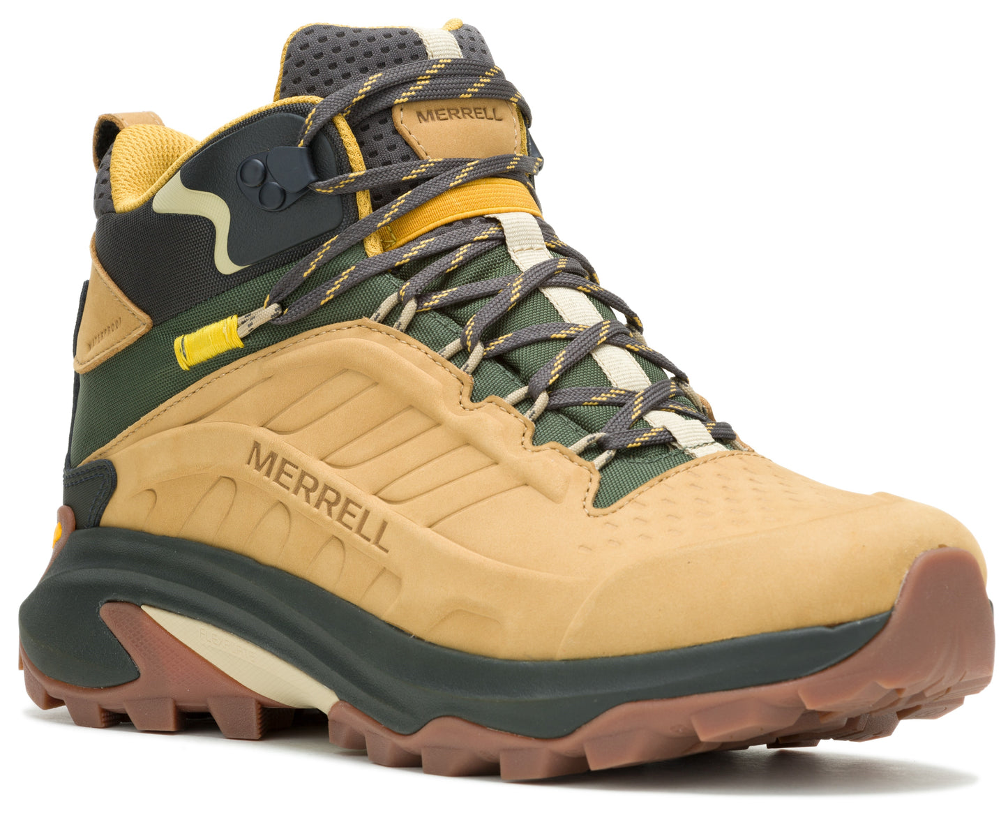 Hiking boot with khaki body and a brown sole, green and black accents, and gray and white laces. 'MERRELL' is printed on the side.
